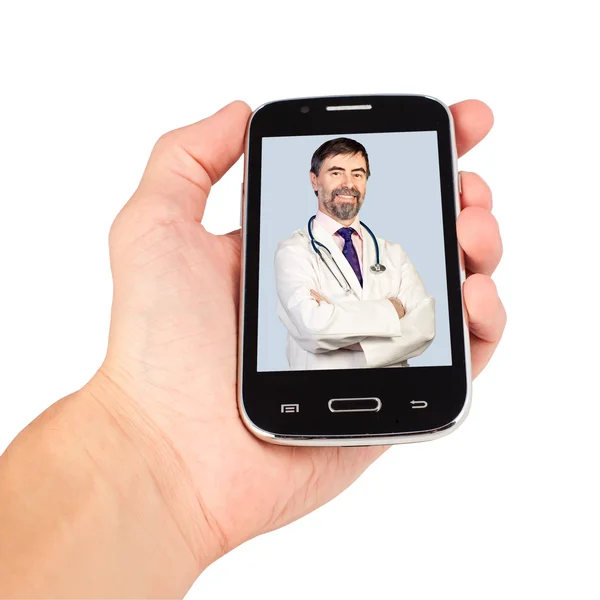 Hand holding smart phone, doctor calling. isolated on white back — Stock Photo, Image