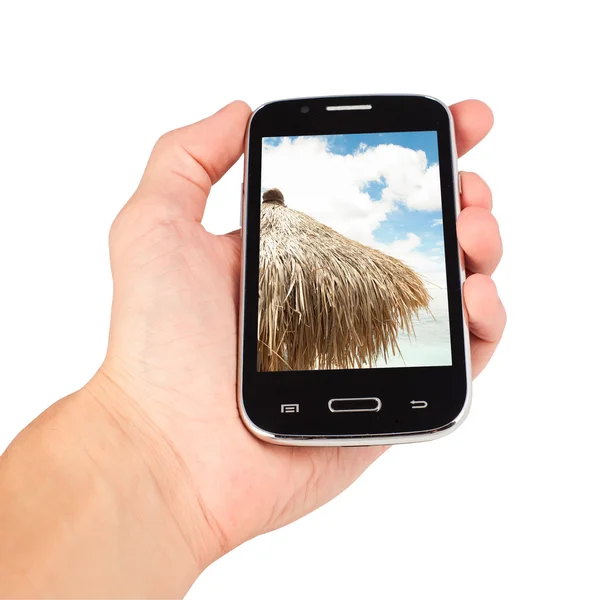 Hand holding slimme telefoon, naturistenvakantie roepen. geïsoleerd op witte ba — Stockfoto