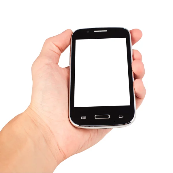 흰색 배경에서 고립된 스마트 폰을 들고 있는 손 — 스톡 사진