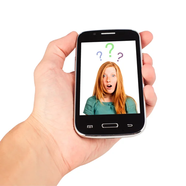 Hand som håller smartphone, okänd ringer. isolerad på vita bac Stockbild