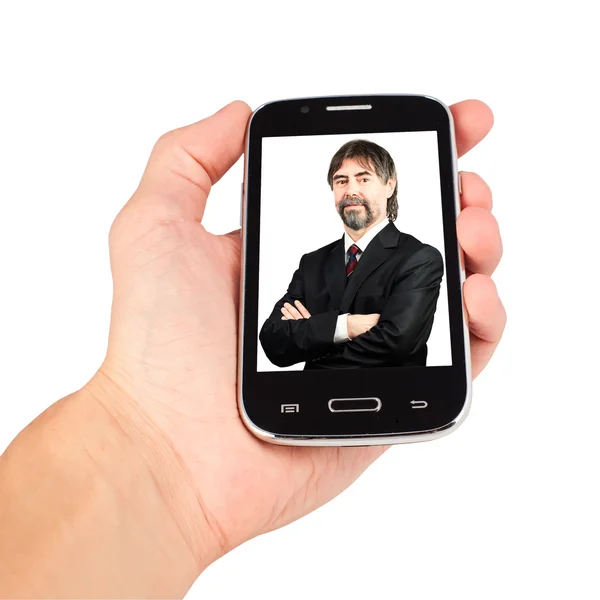 Hand som håller smartphone, chef ringer. isolerad på vit bakgrunds Stockbild