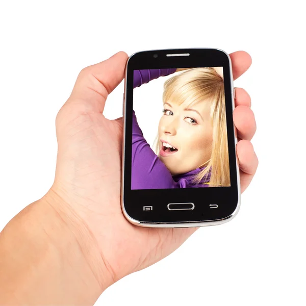 Hand som håller smartphone, tjej ringer. isolerad på vit bakgrunds Stockbild