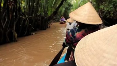 Mekong delta, vietnam - 24 Temmuz: kadın satırları bir teknede bir kanal,