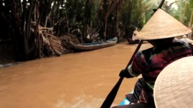 Vietnam kadın mekong delta, vietnam bir kanalda bir teknede kürek