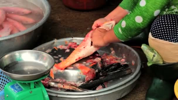 Mujer limpiando pescado de carpa en un mercado de pescado . — Vídeos de Stock