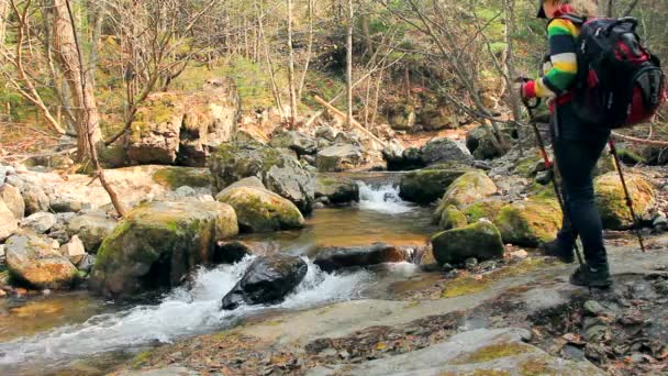 Eenzame jonge vrouw bereikt een prachtige waterval op haar avontuur wandelen — Stockvideo