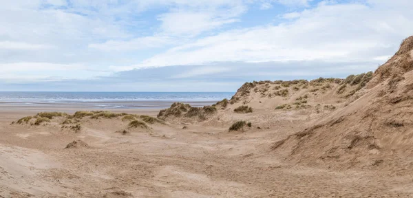 Panorama Multi Imagem Das Dunas Areia Dando Lugar Praia Intocada — Fotografia de Stock