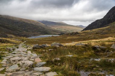 Rocky adımları 2021 sonbaharında Snowdonia Ulusal Parkı 'ndaki Ogwen Gölü' ne yürüyüş yapanlara önderlik eder..