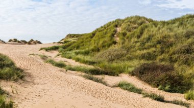 Marram otlarıyla kaplı yüksek kum tepelerinin çok görüntülü manzarası Formby plajının kenarını kaplıyor..