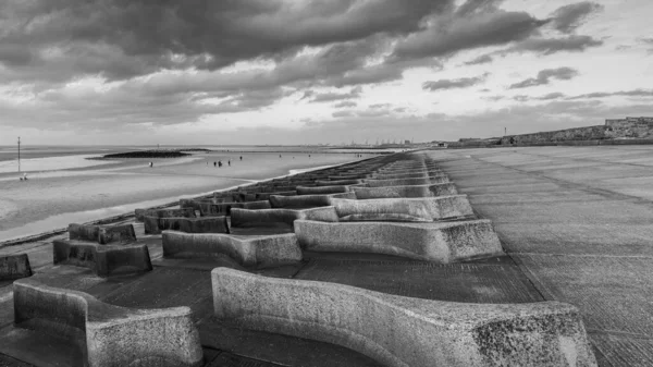 Multi Image Panorama Moreton Beach Unusual Concrete Sea Defence Side — Zdjęcie stockowe