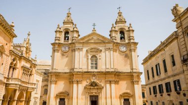 Wide angle image of St Paul's Cathedral in Mdina seen in Malta during April 2022.