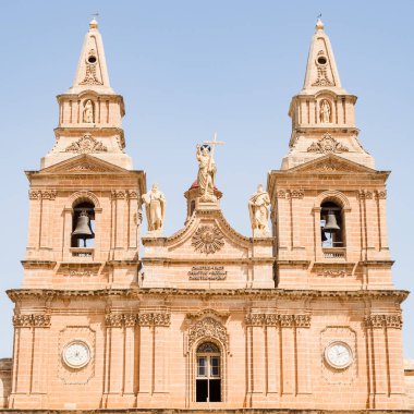 Square image of the front of Our Lady of Mellieha seen during April 2022 in Mellieha, Malta.