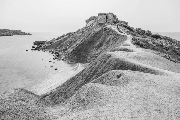 Black White Image Lunar Landscape Ghajn Tuffieha Bay Qarraba Bay — Zdjęcie stockowe