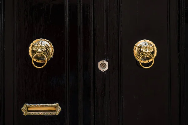 Pair Golden Door Knockers Pictured Black Door Mdina Malta April — Photo