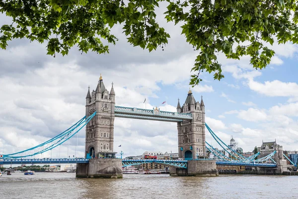 Tower Bridge Enjambant Tamise Londres Sous Cadre Arbres Northbank Mai — Photo