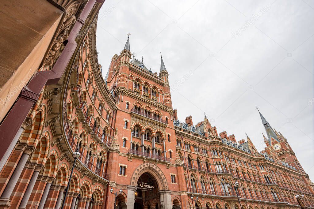 A high dynamic range image capturing the colours, detail and stunning architecture of the luxury St Pancras Renaissance Hotel in London in May 2022.