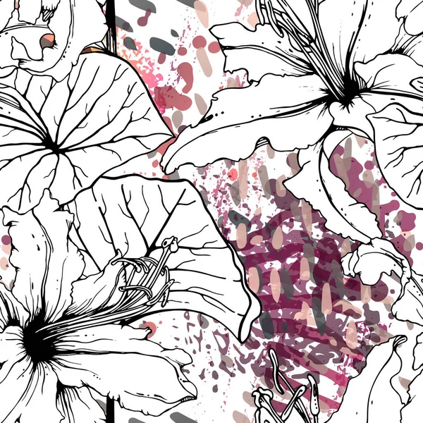 Floral Μαύρο Και Λευκό Απρόσκοπτο Μοτίβο Σύγχρονη Καλλιτεχνική Ακουαρέλα Εκτύπωση — Διανυσματικό Αρχείο