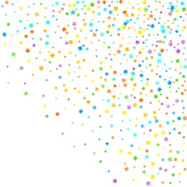 Gökkuşağı Festivali Konfeti. Karnaval Şablonu. Renkli Yıldız Düşüşü. Güzel Tatil Partisi. Beyaz Arkaplanda Küçük Çok Renkli Sprockets. Parlak Vektör İllüstrasyonu.