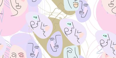 Yüz çizgisi deseni. Soyut çizim kusursuz desen. Vektör Modern Minimum Sanat. Grafikler arka planda. Sürekli bir çizgi çiziyor. Doğrusal tasarım kadın ve erkek yüzleri. Güzel modern baskı..