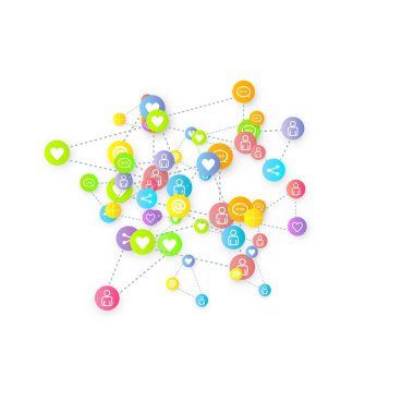 Sosyal medya pazarlaması, iletişim ağı kavramı. Beyaz arkaplana bağlı rastgele sosyal medya hizmetleri simgeleri. Yorum, arkadaş, paylaşım, hedef, mesaj. Vektör İnternet kavramı.