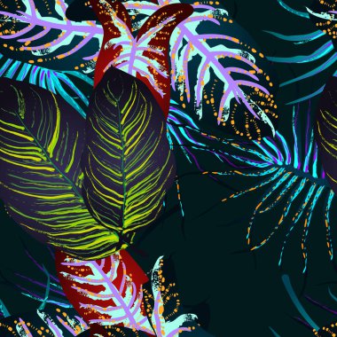 Tropik Yaprak. Modern Motif. Orman baskısı. Yeşillik Yazı Kusursuz Düzen. Yeşillik Vektörü Arkaplanı. Sanatsal Botanik Yüzey. Moda için soyut bitki dokusu. Karşıtlık Fırçası Çizimi.