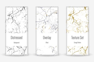 Kederli Grunge dokusu seti. Kusursuz desen. Çizilmiş, Dirt Print. Yarım tonluk Retro Arkaplan. Kırık, çatlak duvar dokusu. Altın, Siyah, Beyaz Grunge tarzı. Gürültü Kaba Tasarım. Vektör İllüstrasyonu.