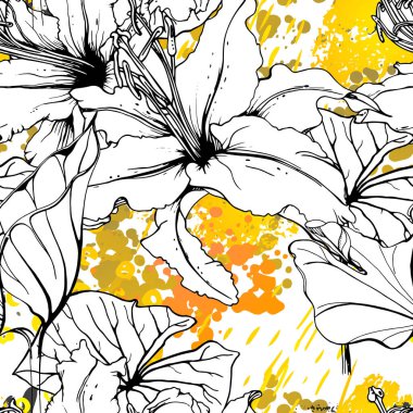 Çiçekli Siyah ve Beyaz Kusursuz Şablon. Modern Sanatsal Suluboya Baskısı. Moda Dış Hatları Çiçek Yüzeyi. Mürekkep lekeleri dokusunda Botanik Vektör Motifi. Soyut Yaprak Çizimi. Trend Tropik Arkaplanı.