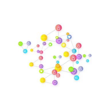 Sosyal medya pazarlaması, iletişim ağı kavramı. Beyaz arkaplana bağlı rastgele sosyal medya hizmetleri simgeleri. Yorum, arkadaş, paylaşım, hedef, mesaj. Vektör İnternet kavramı.