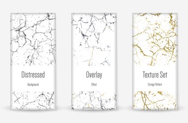 Kederli Grunge dokusu seti. Kusursuz desen. Çizilmiş, Dirt Print. Yarım tonluk Retro Arkaplan. Kırık, çatlak duvar dokusu. Altın, Siyah, Beyaz Grunge tarzı. Gürültü Kaba Tasarım. Vektör İllüstrasyonu.