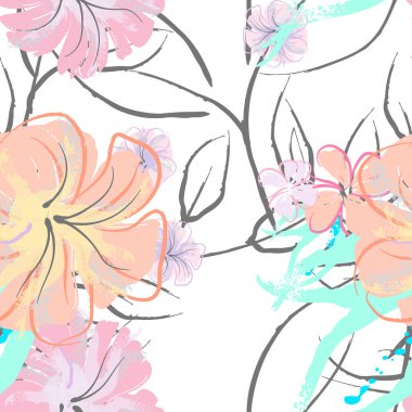 Pembe Çiçekler Çiçek Şablonu. Pastel Suluboya Çiçek Yazısı. Küçük pembe, sarı, gri yapraklı leylak çiçeği. Zarif fırça arka planı. Kusursuz Botanik Vektör Yüzeyi. Moda Yazıcıları İçin Desen.