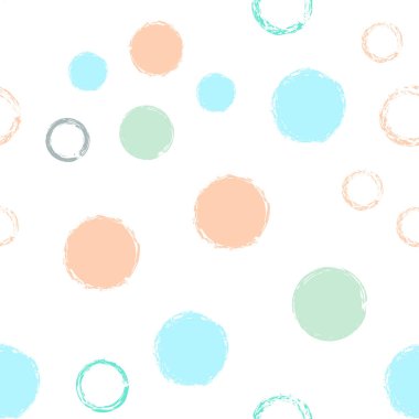 Polka Nokta. Doku Vektörü Kusursuz Desen. Renkli Çizim. Suluboya Şekli Kaotik Şekillerle Soyut Beyaz Arkaplan. Summer Soft Tekstil. Tebeşir Fırçası Yuvarlakları, Konfeti
