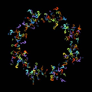 Soru işaretleri siyah arkaplana dağılmış. Sınav, şüphe, anket, araştırma, faq, sorgulama, sorgulama geçmişi. Kamuoyu yoklaması için çok renkli bir şablon. Gökkuşağı rengi. Vektör illüstrasyonu.
