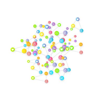 Sosyal medya pazarlaması, iletişim ağı kavramı. Beyaz arkaplana bağlı rastgele sosyal medya hizmetleri simgeleri. Yorum, arkadaş, paylaşım, hedef, mesaj. Vektör İnternet kavramı.