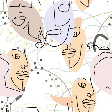 Kadın yüzü hattı. Soyut çizim kusursuz desen. Vektör Modern Minimum Sanat. Grafikler arka planda. Sürekli bir çizgi çiziyor. Doğrusal tasarım kadın ve erkek yüzleri. Güzel modern baskı..