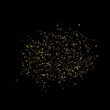 Düşen kar, altın deseni bozar. Uçan altın kar, don ve kar yağışlı bir resim. Kara geceyle ilgili Noel kutlaması için kış baskısı. Yeni Yıl için Tatil Vektörü illüstrasyonu.