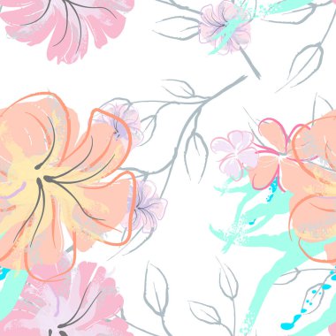 Pembe Çiçekler Çiçek Şablonu. Pastel Suluboya Çiçek Yazısı. Küçük pembe, sarı, gri yapraklı leylak çiçeği. Zarif fırça arka planı. Kusursuz Botanik Vektör Yüzeyi. Moda Yazıcıları İçin Desen.