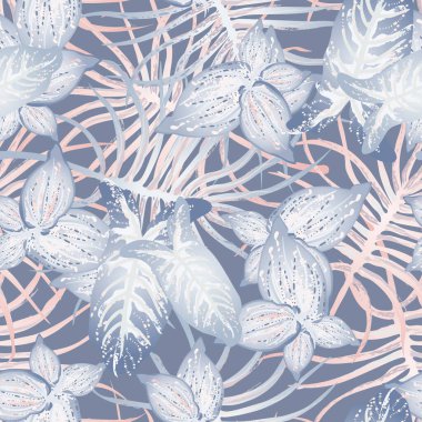 Tropik Yaprak Modern Motif. Orman baskısı. Yeşillik Yazı Kusursuz Düzen. Yeşillik Vektörü Arkaplanı. Sanatsal Botanik Yüzeyi. Moda için soyut bitki dokusu. Yumuşak Pastel Fırça Çizimi.