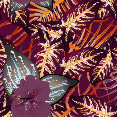 Tropik Yaprak. Modern Motif. Orman baskısı. Yeşillik Yazı Kusursuz Düzen. Yeşillik Vektörü Arkaplanı. Sanatsal Botanik Yüzey. Moda için soyut bitki dokusu. Karşıtlık Fırçası Çizimi.