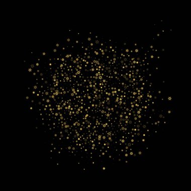 Düşen kar, altın deseni bozar. Uçan altın kar, don ve kar yağışlı bir resim. Kara geceyle ilgili Noel kutlaması için kış baskısı. Yeni Yıl için Tatil Vektörü illüstrasyonu.