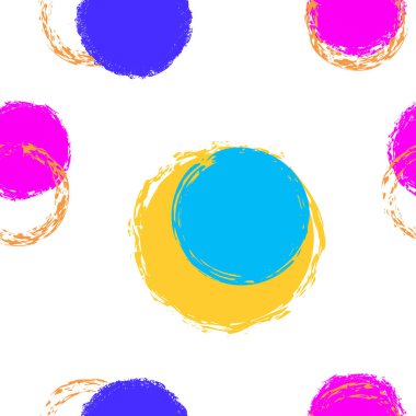 Siyah Fırça Çemberi. Vektör Kusursuz Desen. Çok renkli dekor. Suluboya Şekli Kaotik Şekillerle Soyut Beyaz Arkaplan. Yaz Sanatsal Tekstil. Tebeşir Fırçası Yuvarlakları, Konfeti