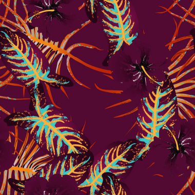 Tropik Yaprak. Modern Motif. Orman baskısı. Yeşillik Yazı Kusursuz Düzen. Yeşillik Vektörü Arkaplanı. Sanatsal Botanik Yüzey. Moda için soyut bitki dokusu. Karşıtlık Fırçası Çizimi.