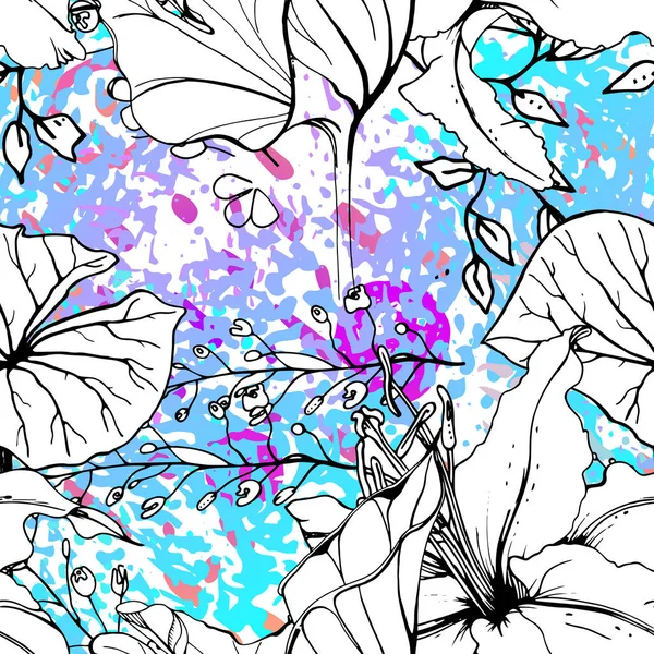 Artis Floral Seamless Pattern Outline Bunga Permukaan Botani Vektor Motif - Stok Vektor