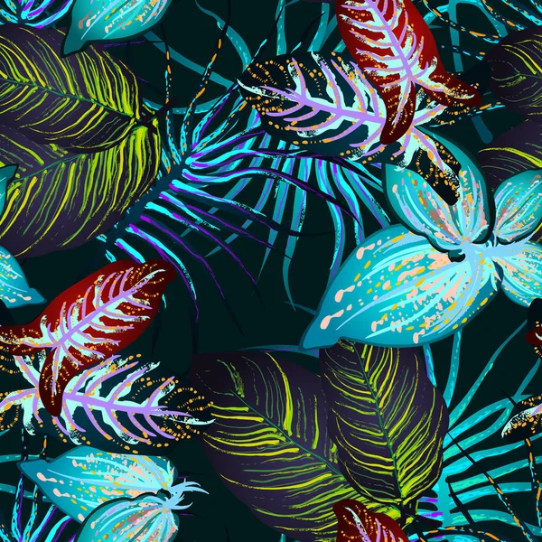 Daun Tropis Motif Modern Jungle Print Pola Tanpa Lautan Musim - Stok Vektor
