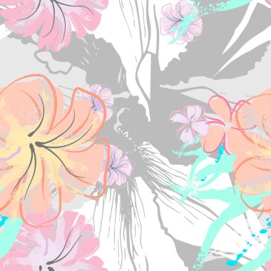 Pembe Çiçekler Çiçek Şablonu. Pastel Suluboya Çiçek Yazısı. Küçük pembe, sarı, gri yapraklı leylak çiçeği. Zarif fırça arka planı. Kusursuz Botanik Vektör Yüzeyi. Moda Yazıcıları İçin Desen.