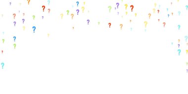 Beyaz arka plana dağılmış soru işaretleri. Sınav, şüphe, anket, araştırma, faq, sorgulama, sorgulama geçmişi. Kamuoyu yoklaması için çok renkli bir şablon. Gökkuşağı rengi. Vektör illüstrasyonu.