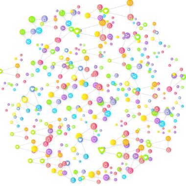 Sosyal medya pazarlaması, iletişim ağı kavramı. Beyaz arkaplana bağlı rastgele sosyal medya hizmetleri simgeleri. Yorum, arkadaş, paylaşım, hedef, mesaj. Vektör İnternet kavramı.