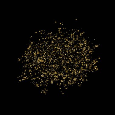 Düşen kar, altın deseni bozar. Uçan altın kar, don ve kar yağışlı bir resim. Kara geceyle ilgili Noel kutlaması için kış baskısı. Yeni Yıl için Tatil Vektörü illüstrasyonu.