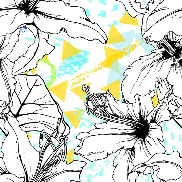 Bloemen Zwart Wit Print Tropisch Jungle Blad Geometrische Borstelvormen Modern — Stockvector