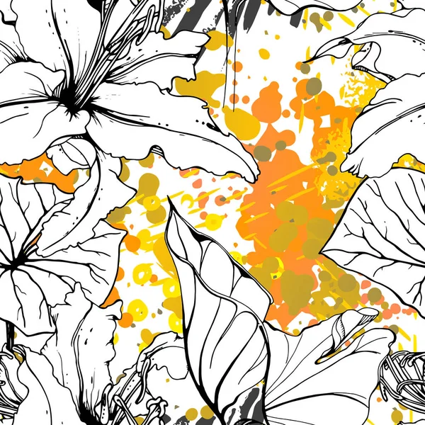 Çiçekli Siyah ve Beyaz Kusursuz Şablon. Modern Sanatsal Suluboya Baskısı. Moda Dış Hatları Çiçek Yüzeyi. Mürekkep lekeleri dokusunda Botanik Vektör Motifi. Soyut Yaprak Çizimi. Trend Tropik Arkaplanı.