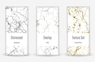 Kederli Grunge dokusu seti. Kusursuz desen. Çizilmiş, Dirt Print. Yarım tonluk Retro Arkaplan. Kırık, çatlak duvar dokusu. Altın, Siyah, Beyaz Grunge tarzı. Gürültü Kaba Tasarım. Vektör İllüstrasyonu.